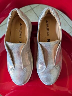 J/Slides Metallic Gold Slip-On Sneakers, Size 7